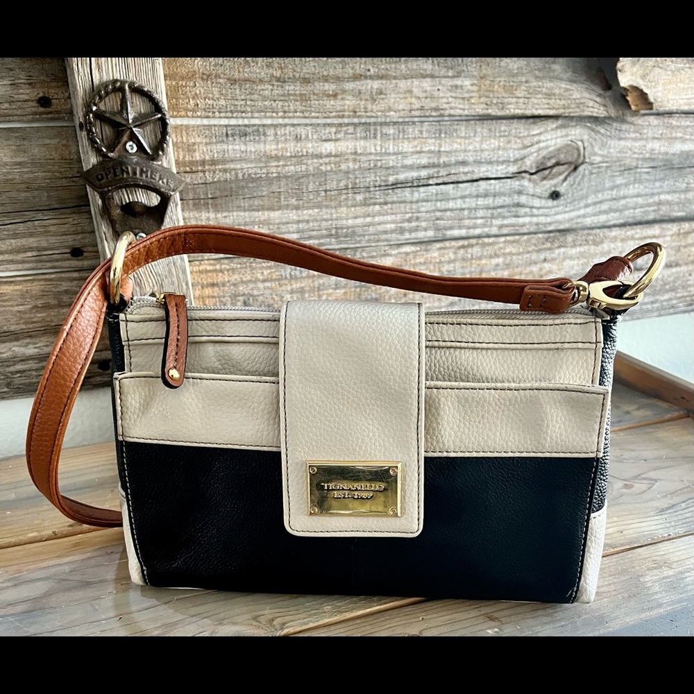 Tignanello Black and Cream Colorblock Shoulder Bag with Brown Strap